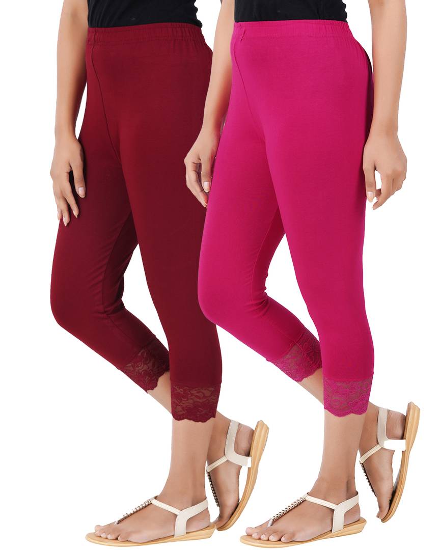 Reliable Cotton Blend Solid Skinny Fit 3/4 Capris Leggings For Women-Pack of 2